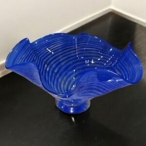 Vintage Murano Blue Cobalt Blue Ruffle Stripe Hand Blown Glass Candy Dish